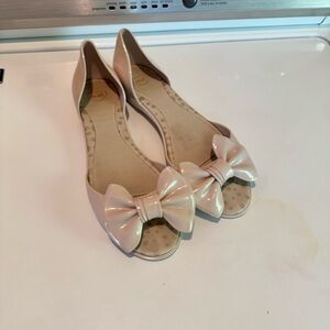 Mel By Melissa Bow Peep Toe Jelly Flat Shoes Light Beige Pink Nude